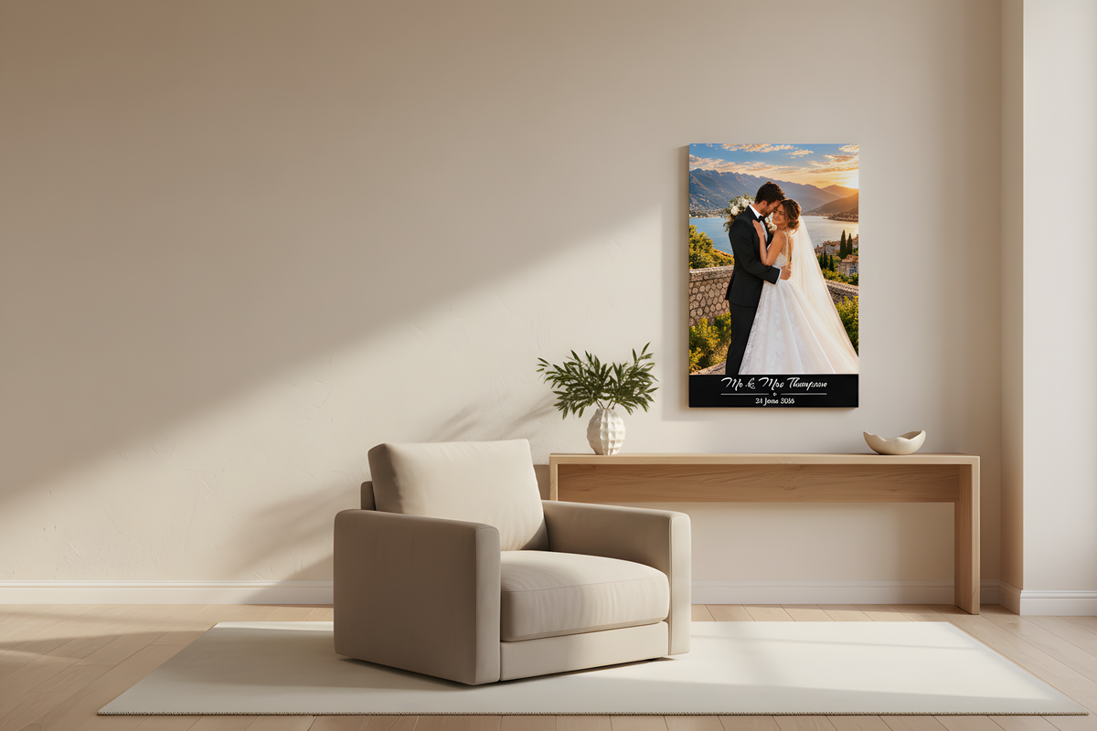 Personalised wedding wall art displayed in a warm neutral living room